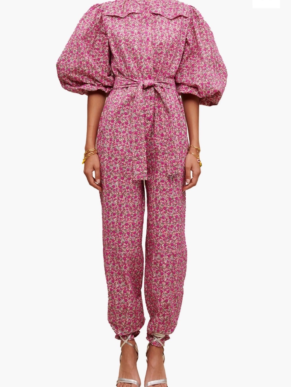 Maje Pink Floral Puff-Sleeve Tie-Waist Jumpsuit